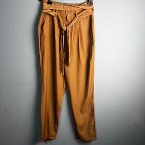 Apricot Paper Bag Twill Straight Leg Waist Pants‎ High Rise Trousers Belted US 6